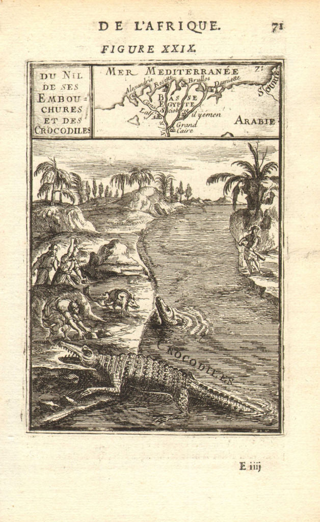 NILE DELTA. Map showing towns. River view with crocodiles. Egypt. MALLET 1683